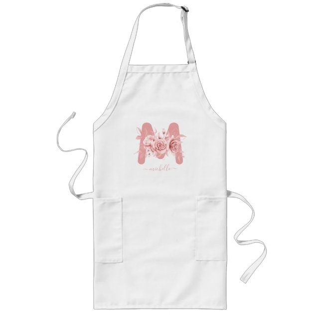 Chic Rose Gold Floral Watercolor Monogram Long Apron (Front)