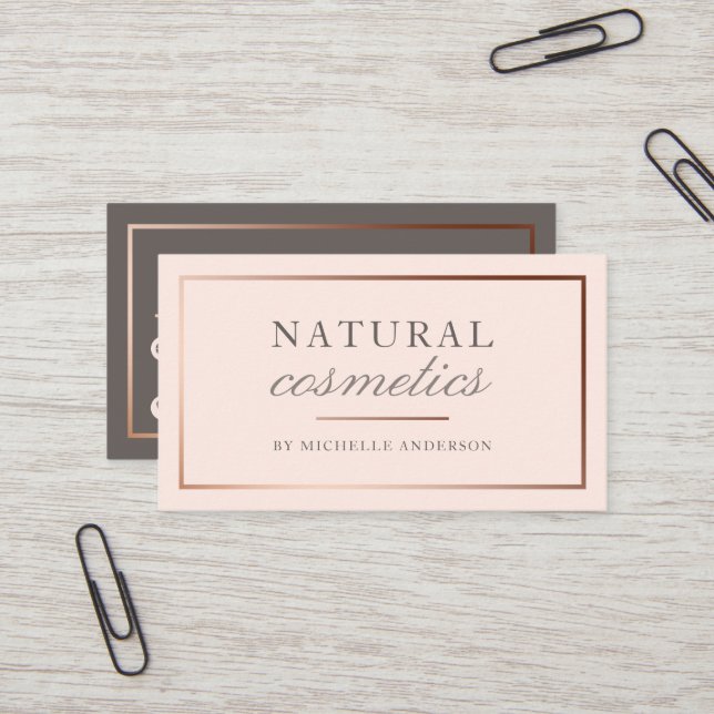 Chic Rose Gold Foil & Blush Pink Natural Cosmetics Business Card (Front/Back In Situ)
