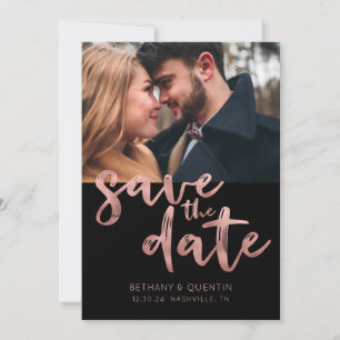 Chic Rose Gold Foil Brush Script Photo Save The Date