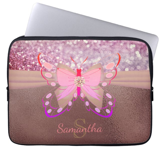 Chic Rose Gold Foil Faux Glittery Name Monogram  Laptop Sleeve (Front)