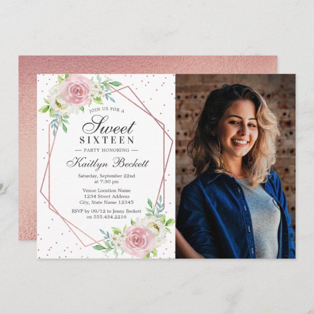 Chic Rose Gold Foil Floral Photo Sweet 16 Birthday Invitation (Front/Back)