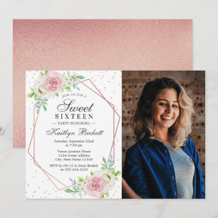 Chic Rose Gold Foil Floral Photo Sweet 16 Birthday Invitation