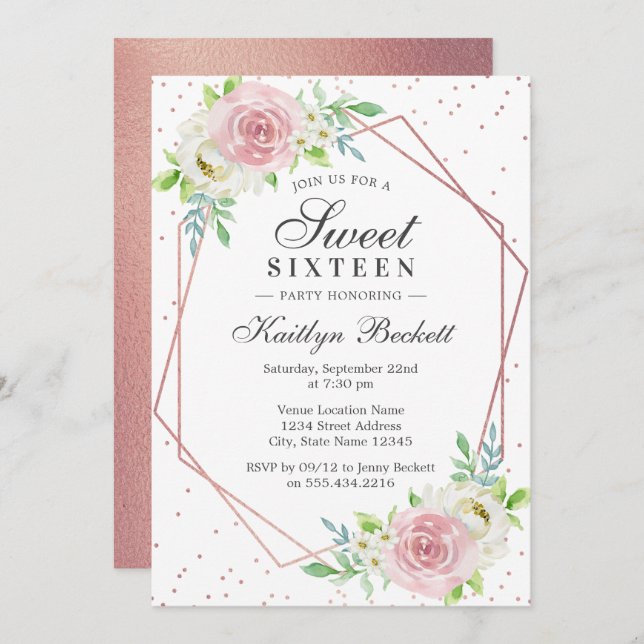 Chic Rose Gold Foil Floral Sweet 16 Birthday Invitation (Front/Back)