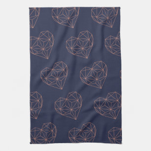 Chic Rose Gold Foil Geometric Heart on Navy Blue Tea Towel