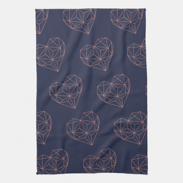 Chic Rose Gold Foil Geometric Heart on Navy Blue Tea Towel (Vertical)