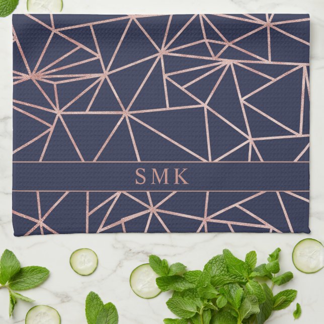 Chic Rose Gold Foil Geometric Polygon Navy Blue Tea Towel (Folded)