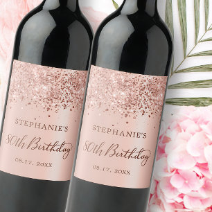 Chic Rose Gold Foil Glitter 80th Birthday Monogram Wine Label