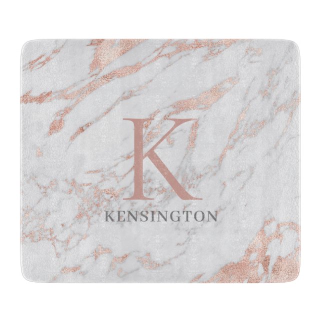 Chic Rose Gold Foil Marble Monogram Cutting Board (Front)