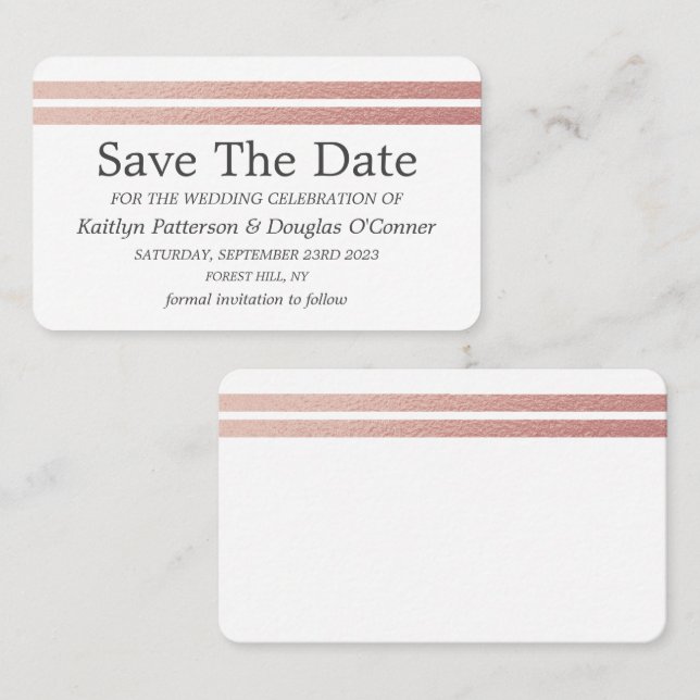 Chic Rose Gold Foil Stripes Save The Date Card (Front/Back)
