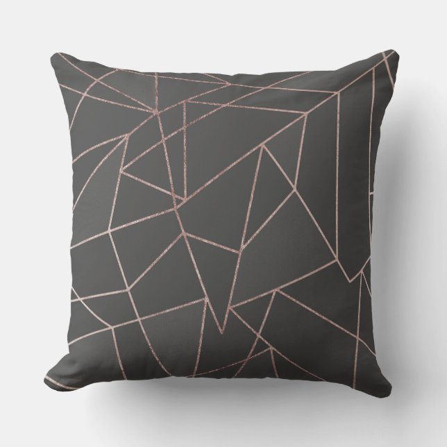 Chic Rose Gold Geometric Outline on Black Charcoal Outdoor Cushion (Front)