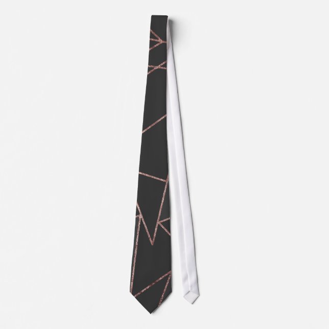Chic Rose Gold Geometric Outline on Black Charcoal Tie (Front)