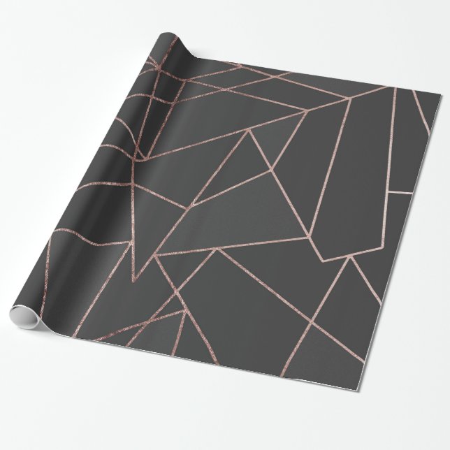 Chic Rose Gold Geometric Outline on Black Charcoal Wrapping Paper (Unrolled)