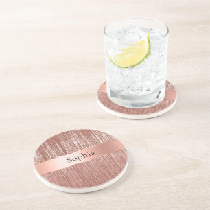 Chic Rose Gold Glam Tinsel Stripes Christmas Coaster