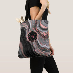 Chic Rose Gold Glitter Black Marble Monogram Tote Bag