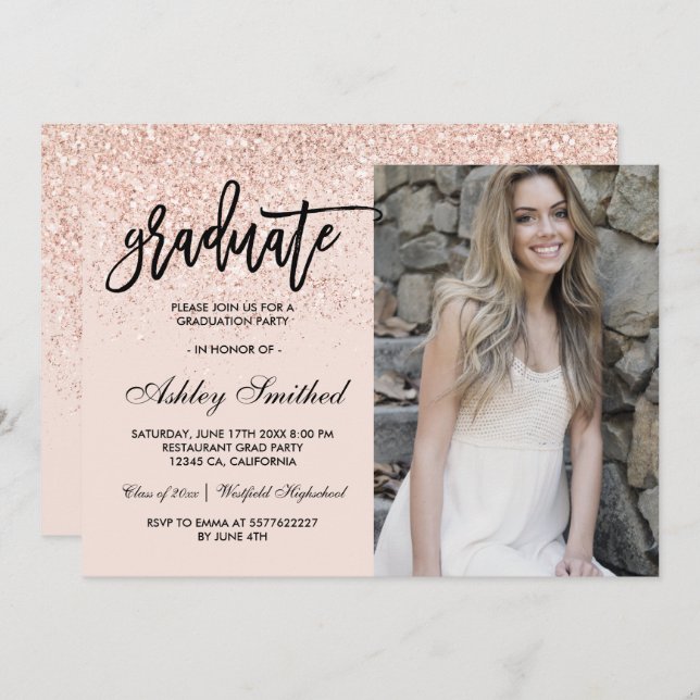 Chic rose gold glitter blush graduate typography invitation (Front/Back)