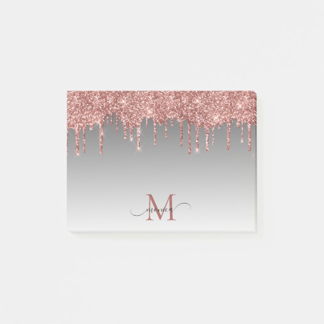Chic Rose Gold Glitter Blush Monogram Name Black Post-it Notes (Front)