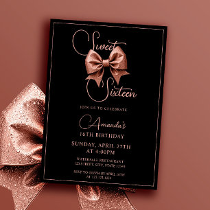 Chic Rose Gold Glitter Bow Sweet 16 Birthday Invitation