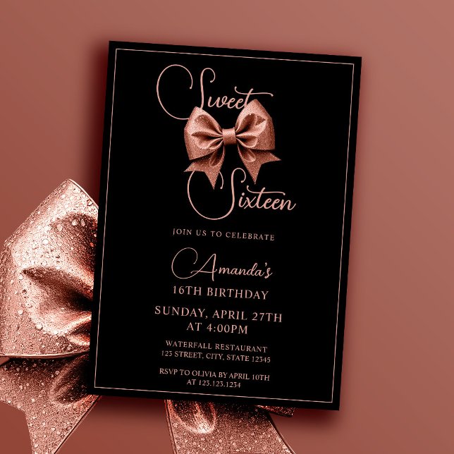 Chic Rose Gold Glitter Bow Sweet 16 Birthday Invitation (Creator Uploaded)