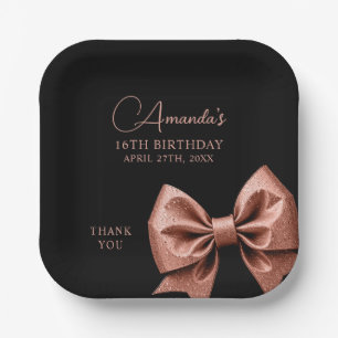 Chic Rose Gold Glitter Bow Sweet 16 Birthday Paper Plate
