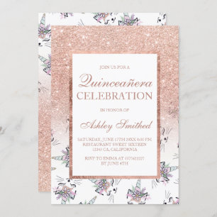 Chic rose gold glitter caticorns Quinceañera Invitation
