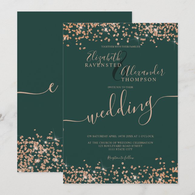 Chic rose gold glitter confetti green wedding invitation (Front/Back)
