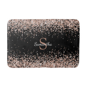 Chic Rose Gold Glitter Confetti Monogram Black Bath Mat