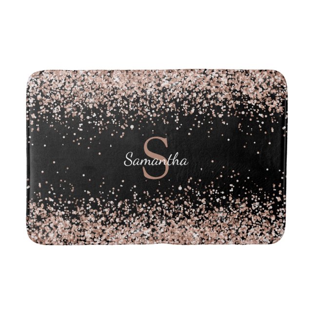 Chic Rose Gold Glitter Confetti Monogram Black Bath Mat (Front)