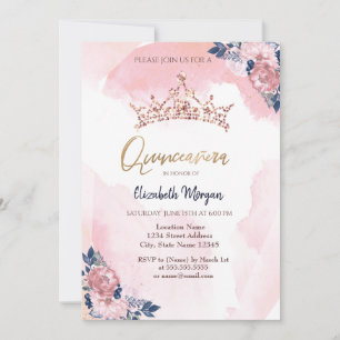 Chic Rose Gold Glitter Crown Flowers Quinceanera Invitation
