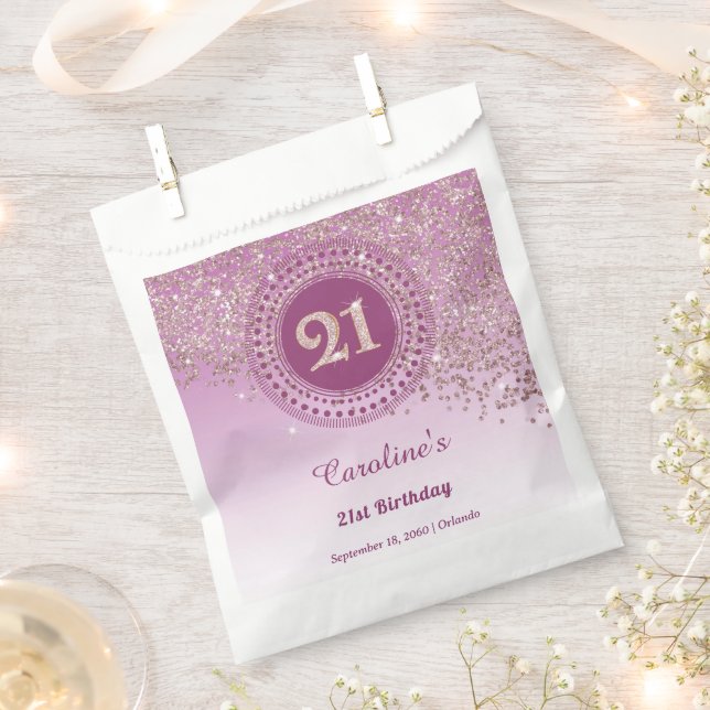 Chic Rose Gold Glitter, Dotted Frame 21st Birthday Favour Bag (Clipped)