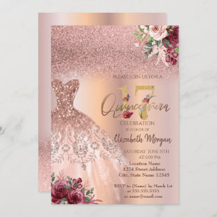 Chic Rose Gold Glitter Dress Floral Quinceañera  Invitation