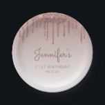 Chic Rose Gold Glitter Drip 21st Birthday Party Paper Plate<br><div class="desc">These chic,  elegant 21st birthday party paper plates feature a sparkly rose gold faux glitter drip border and rose gold ombre background. Personalise them with the guest of honour's name in dark rose handwriting script,  with her birthday and date below in sans serif font.</div>