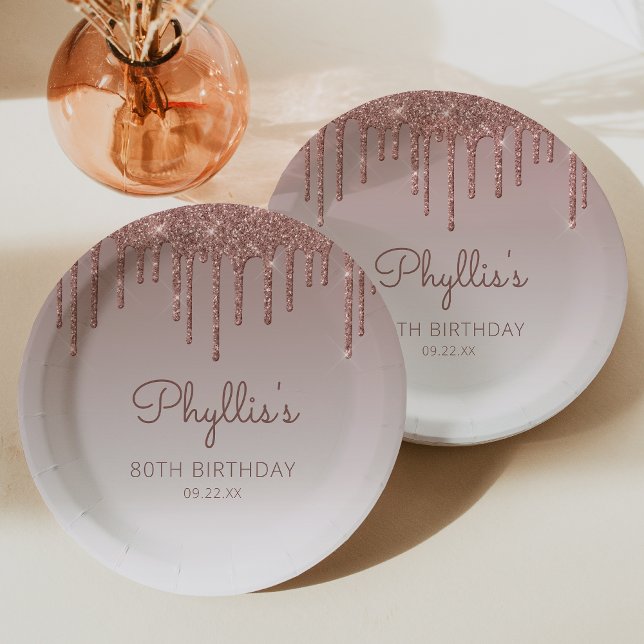 Chic Rose Gold Glitter Drip 80th Birthday Party Paper Plate (Creator Uploaded)