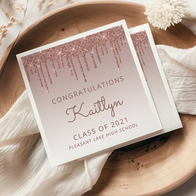 Chic Rose Gold Glitter Drip Graduation Napkin (Creator Uploaded)