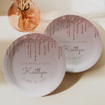 Chic Rose Gold Glitter Drip Graduation Party Paper Plate<br><div class="desc">These chic, elegant graduation party paper plates feature a sparkly rose gold faux glitter drip border and rose gold ombre background. Personalise them with the graduate's name in dark rose handwriting script, with the word "Congratulations" above and the class year below in sans serif font. Ideal for high school or...</div>