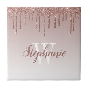 Chic Rose Gold Glitter Drip Monogram Ceramic Tile