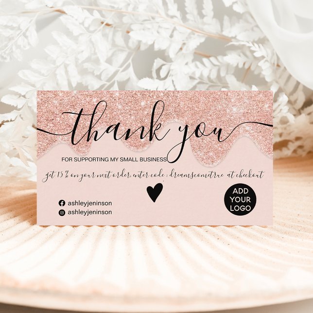 Chic rose gold glitter drips blush order thank you business card (Creator Uploaded)