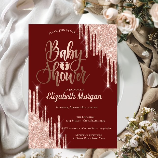 Chic Rose Gold Glitter Drips Burgundy Baby Shower Invitation (Creator Uploaded)