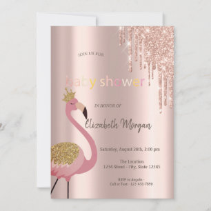 Chic Rose Gold Glitter Drips,Cute Pink Flamingos  Invitation