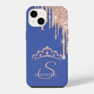 Chic Rose Gold Glitter Drips Diamonds Tiara iPhone 14 Case