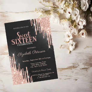 Chic Rose Gold Glitter Drips Green Sweet 16 Invitation
