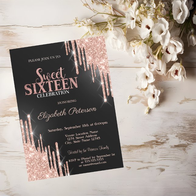Chic Rose Gold Glitter Drips Green  Sweet 16 Invitation (Creator Uploaded)