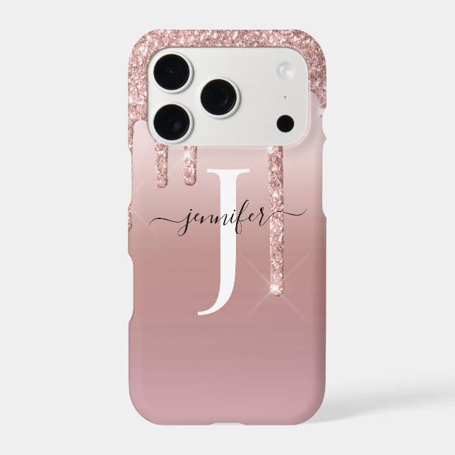 Chic Rose Gold Glitter Drips Monogram (Back)