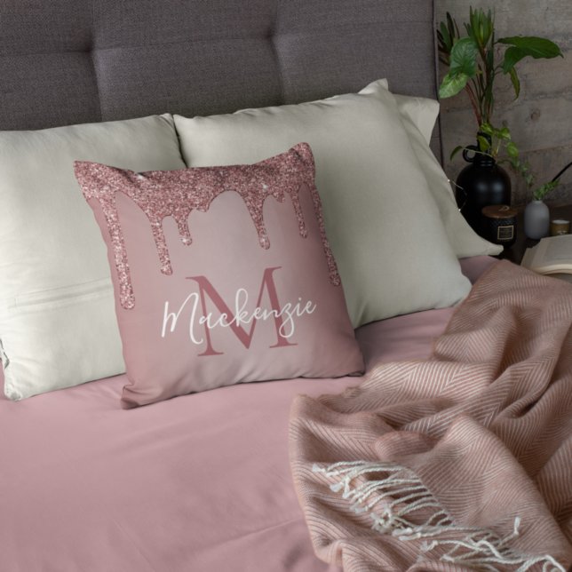 Chic Rose Gold Glitter Drips Monogram Cushion (Creator Uploaded)