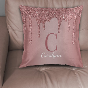 Chic Rose Gold Glitter Drips Monogram Cushion