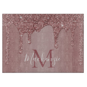 Chic Rose Gold Glitter Drips Monogram Cutting Board