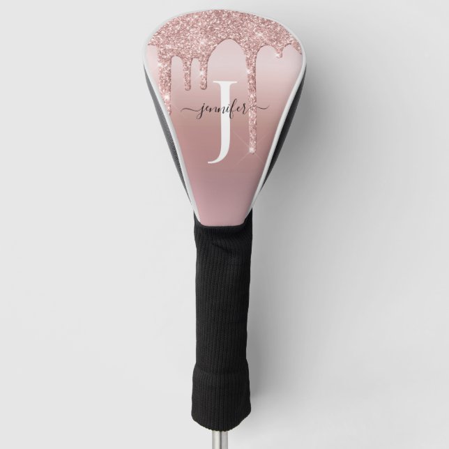 Chic Rose Gold Glitter Drips Monogram Golf Head Cover (Front)
