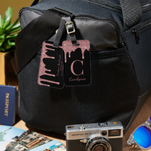 Chic Rose Gold Glitter Drips Monogram on Black Luggage Tag