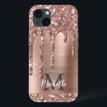 Chic Rose Gold Glitter Drips Monogram Pink Metal   iPhone 13 Case<br><div class="desc">Elegant, modern, girly rose gold glitter drips pink metal custom personalised name and monogrammed iphone case. This design features blush pink rose gold glitter sparkle drips on pink brushed metal background with custom personalised monogram initial and first name text template. Perfect feminine gift for girl and women who loves pretty...</div>