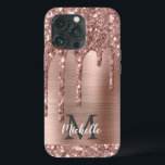 Chic Rose Gold Glitter Drips Monogram Pink Metal   iPhone 13 Pro Case<br><div class="desc">Elegant, modern, girly rose gold glitter drips pink metal custom personalised name and monogrammed iphone case. This design features blush pink rose gold glitter sparkle drips on pink brushed metal background with custom personalised monogram initial and first name text template. Perfect feminine gift for girl and women who loves pretty...</div>