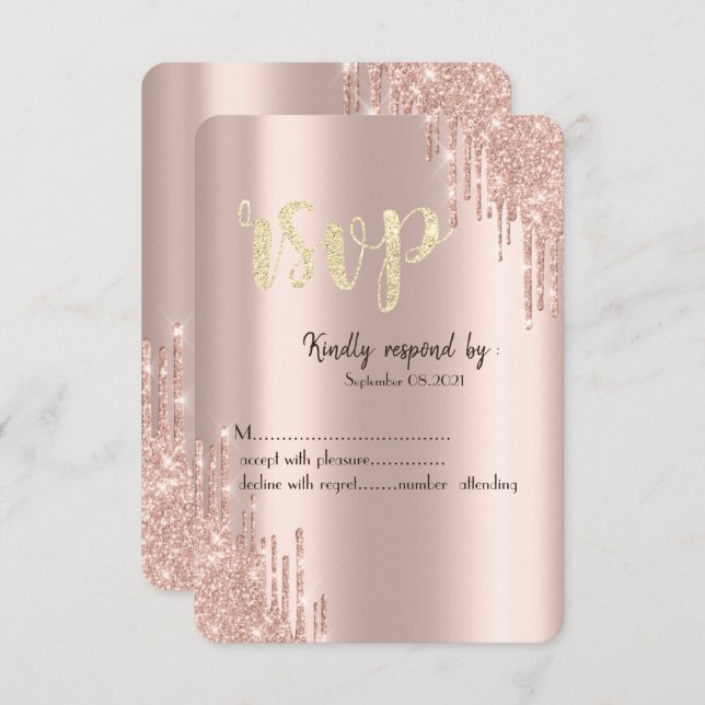 Chic Rose Gold Glitter Drips RSVP  Invitation (Front/Back)